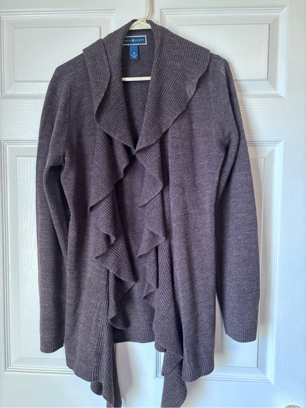 Karen Scott Brown Ruffle-Front Shawl Cardigan Medium